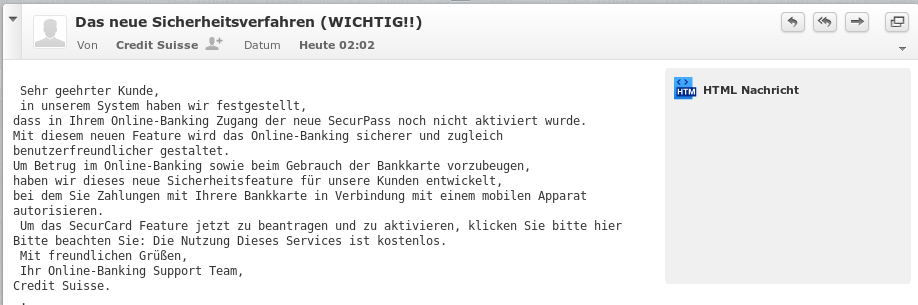 Phishing-Mail im ASCII-Textformat