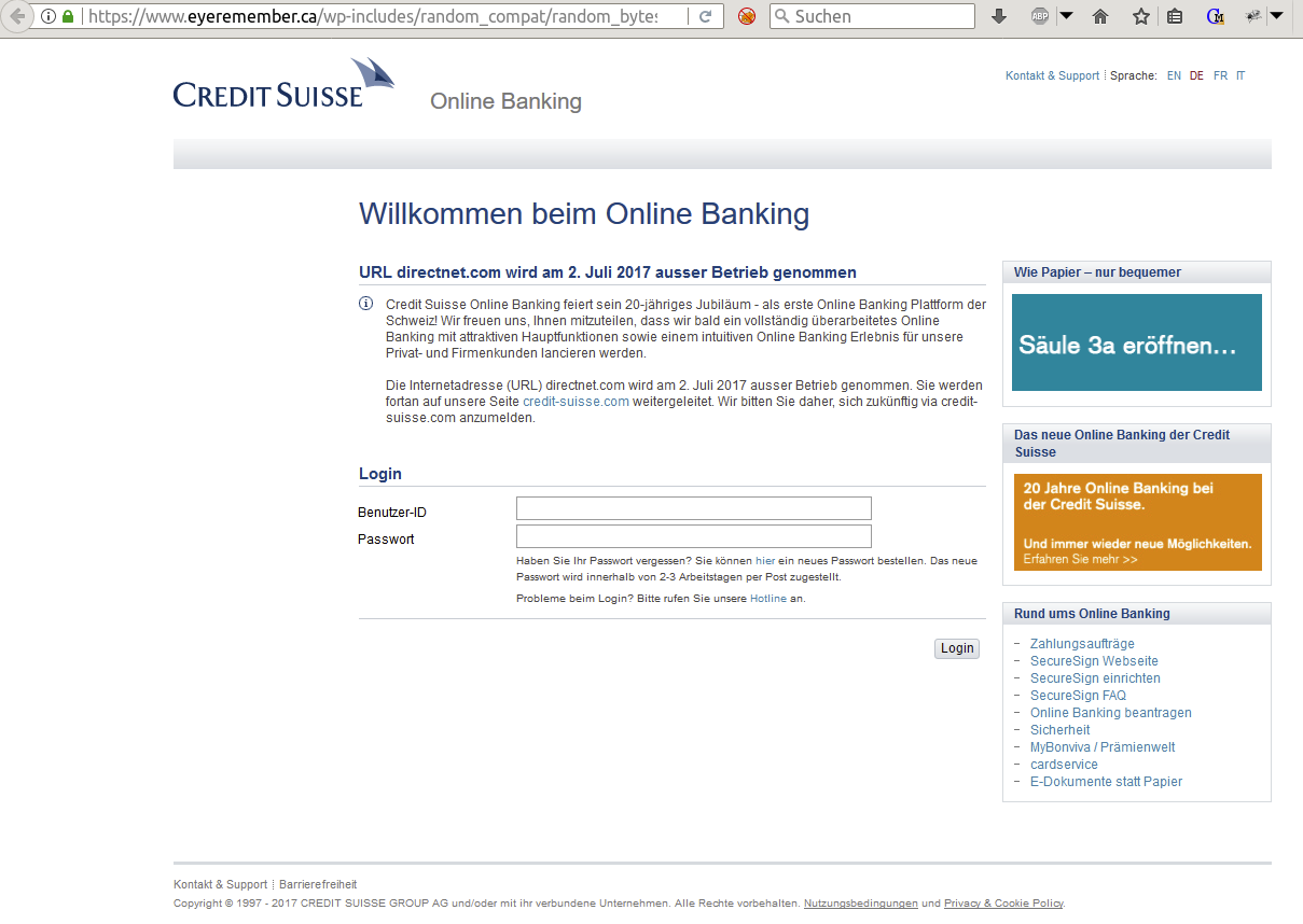 Webseite der Betrüger, sieht fast aus, wie bei der echten Credit-Suisse