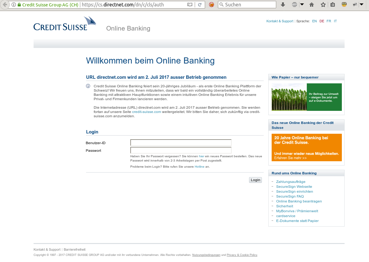 Die echte Webseite der Credit-Suisse
