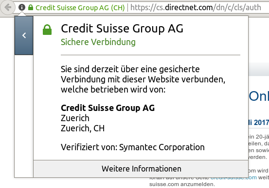 Angaben zum Zertifikat auf der echten Webseite der Credit-Suisse, die Firma wird als Inhaberin ausgewiesen