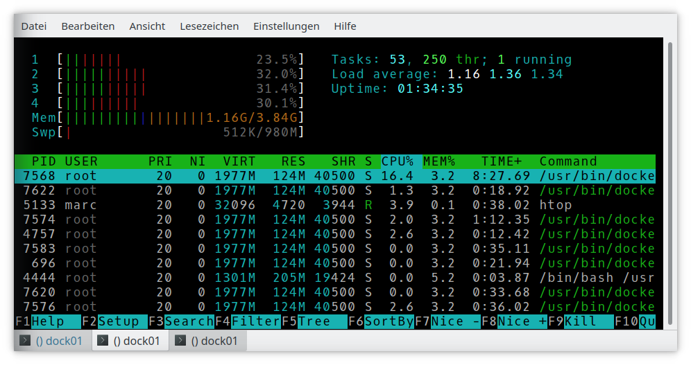 htop shows load, cpu and memory